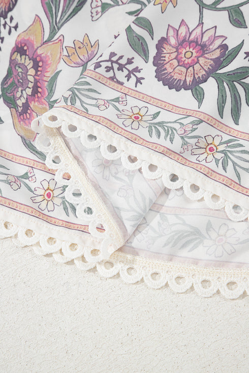 Multicolour Floral Print Fringed Tie U Neck Sleeveless Mini Dress